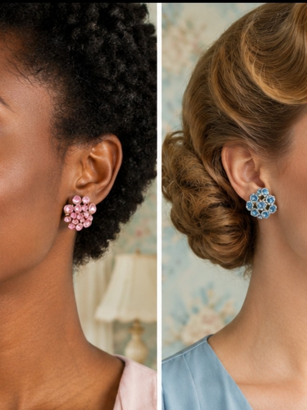 Vintage Clip On Earrings Set 2 Pair Pink & Blue Crystal Cluster Earrings